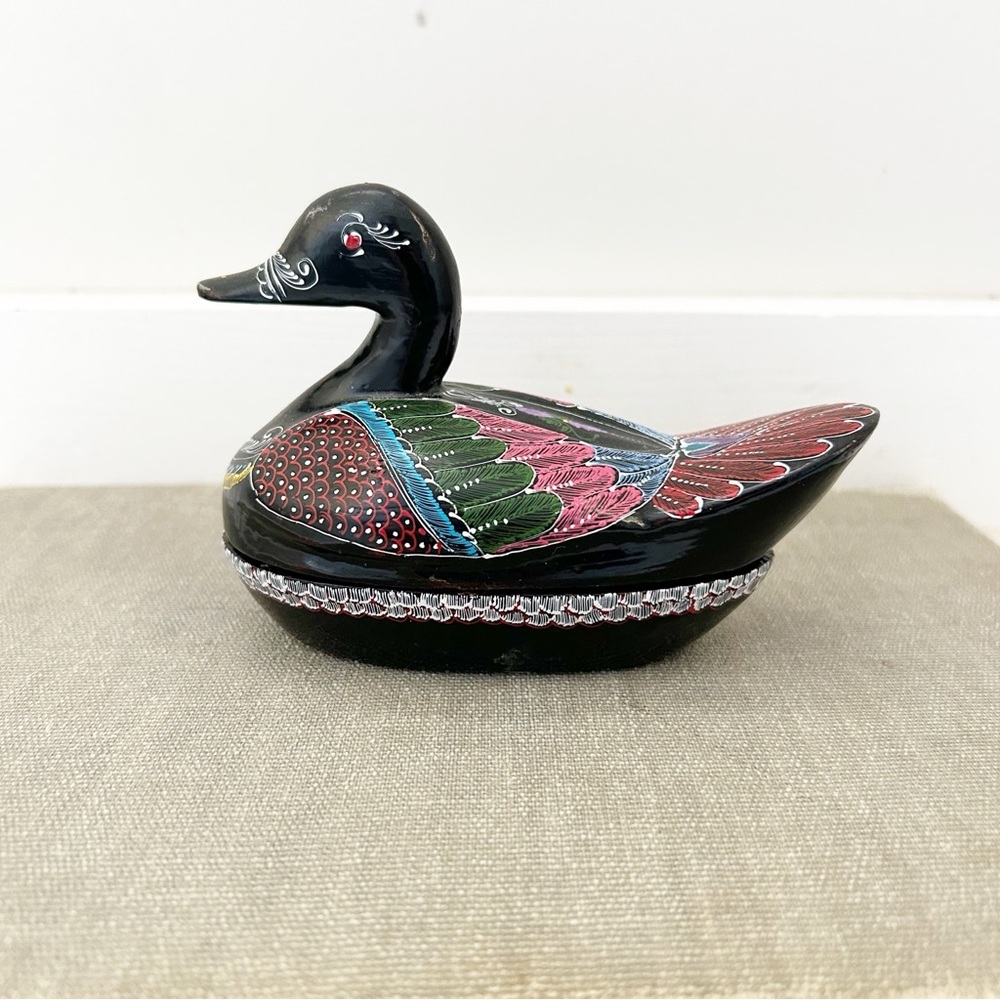 Vintage One of a Kind Duck Trinket Holder Wooden Lacquer Jewelry Box